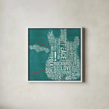 Type Guitar Square I by Michael Mullan. Shown in a crisp white glass frame for a clean and minimalist style. Available as an archival giclee rolled canvas, fine art paper, or poster print. SKU 51039a.