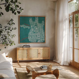 Type Guitar Square I by Michael Mullan. Shown in a natural wood frame in a cozy modern living room. Available as an archival giclee rolled canvas, fine art paper, or poster print. SKU 51039a.