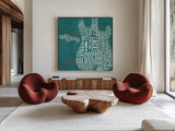 Type Guitar Square I by Michael Mullan. Shown as extra-large giant wall art in a modern living room. Available as an archival giclee rolled canvas, fine art paper, or poster print. SKU 51039a.