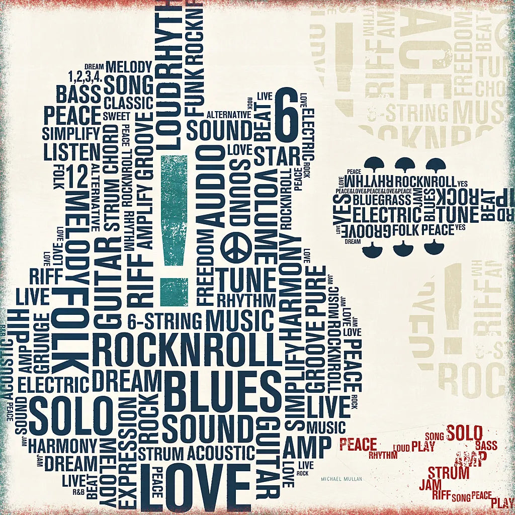 Type Guitar Square II by Michael Mullan. SKU 12412a. Archival Giclee Fine art print for wall decor.