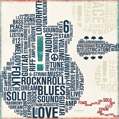 Type Guitar Square II by Michael Mullan. SKU 12412a. Archival Giclee Fine art print for wall decor.