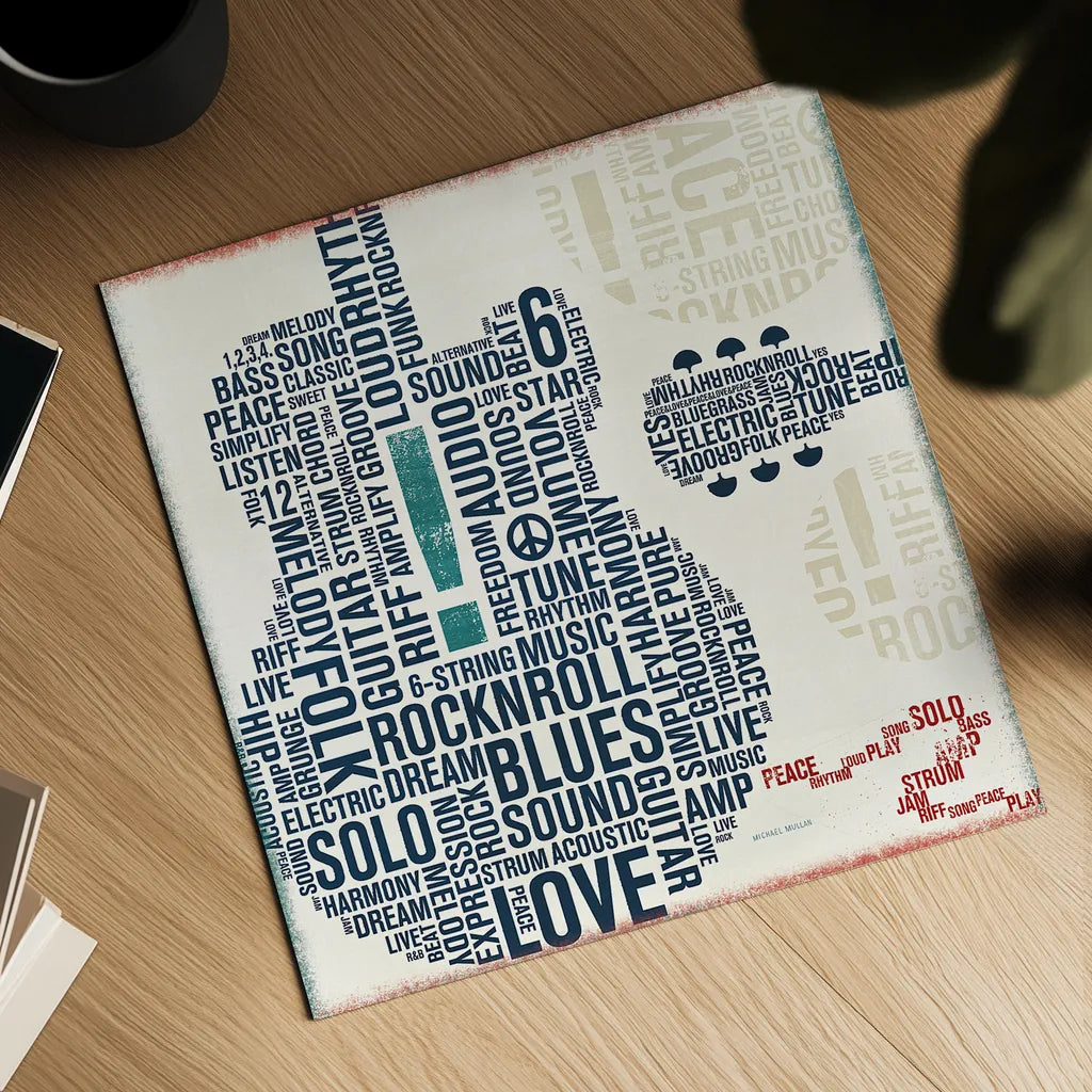 Type Guitar Square II by Michael Mullan. Shown as a detailed flat fine art print, highlighting archival giclee quality. Available as an archival giclee rolled canvas, fine art paper, or poster print. SKU 12412a.