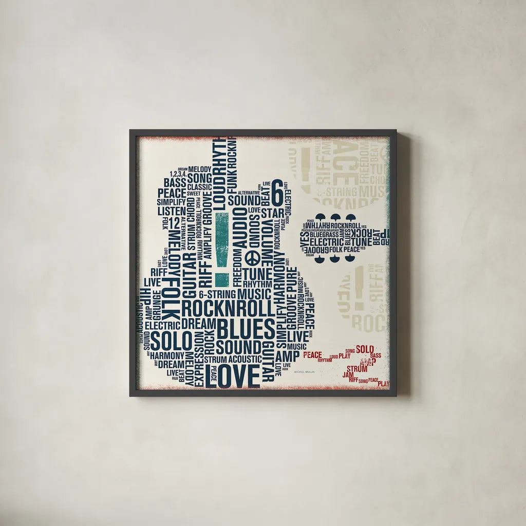 Type Guitar Square II by Michael Mullan. Shown in a sleek black glass frame for a contemporary gallery look. Available as an archival giclee rolled canvas, fine art paper, or poster print. SKU 12412a.