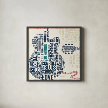Type Guitar Square II by Michael Mullan. Shown in a sleek black glass frame for a contemporary gallery look. Available as an archival giclee rolled canvas, fine art paper, or poster print. SKU 12412a.