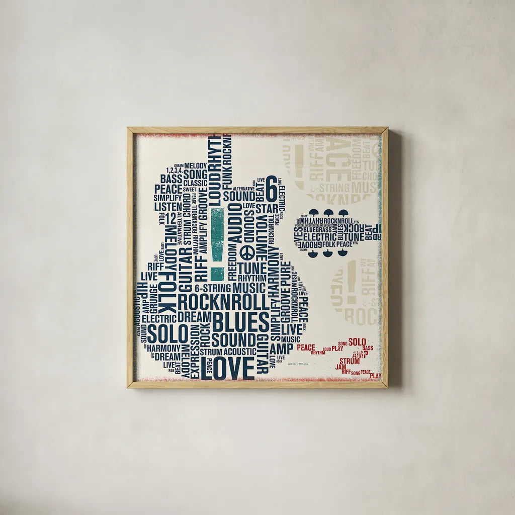 Type Guitar Square II by Michael Mullan. Shown in a natural wood glass frame for a timeless modern aesthetic. Available as an archival giclee rolled canvas, fine art paper, or poster print. SKU 12412a.