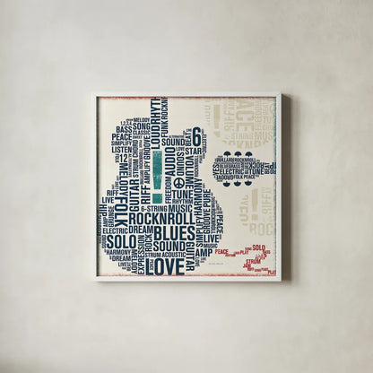 Type Guitar Square II by Michael Mullan. Shown in a crisp white glass frame for a clean and minimalist style. Available as an archival giclee rolled canvas, fine art paper, or poster print. SKU 12412a.