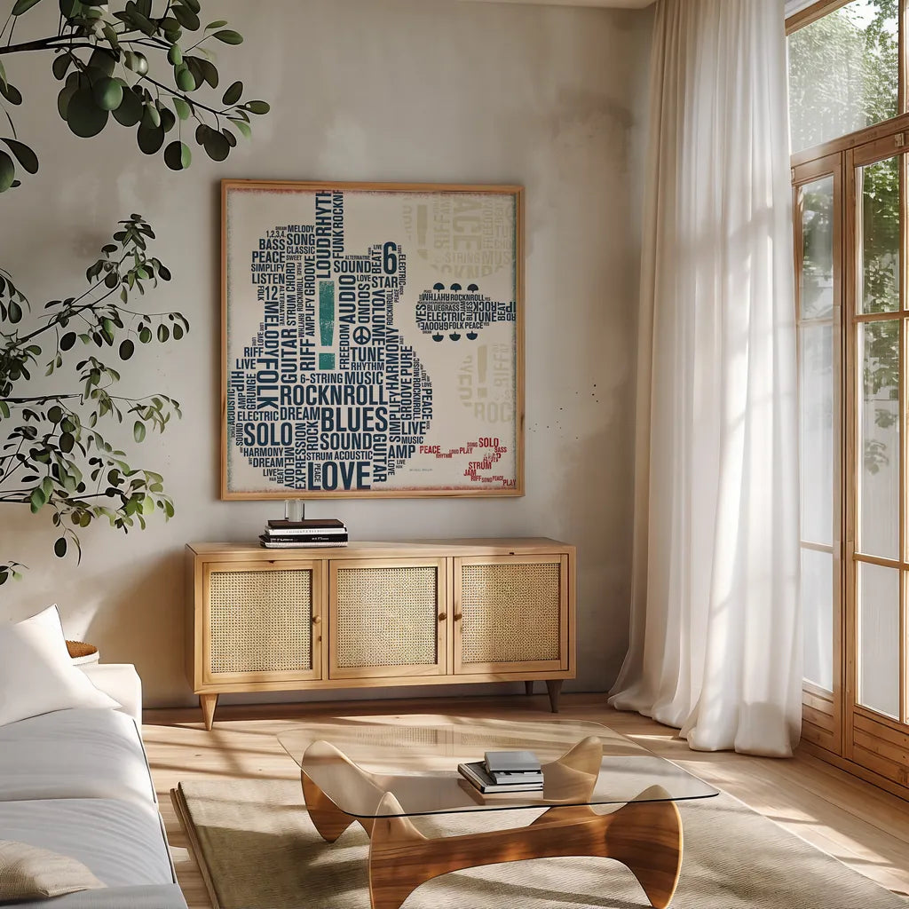 Type Guitar Square II by Michael Mullan. Shown in a natural wood frame in a cozy modern living room. Available as an archival giclee rolled canvas, fine art paper, or poster print. SKU 12412a.