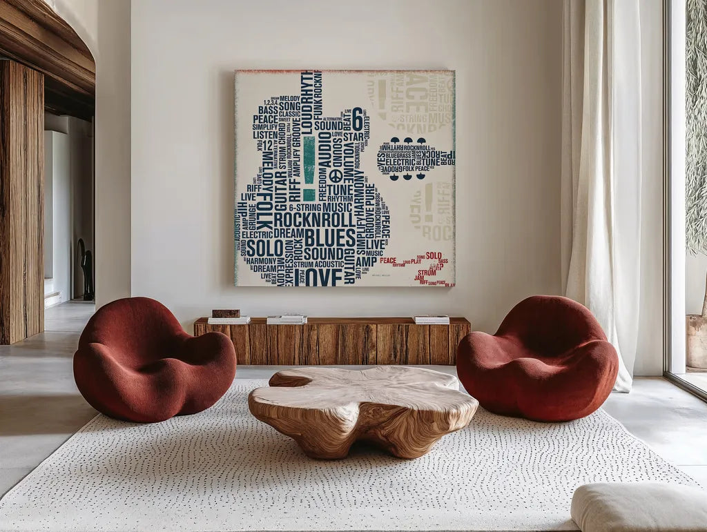 Type Guitar Square II by Michael Mullan. Shown as extra-large giant wall art in a modern living room. Available as an archival giclee rolled canvas, fine art paper, or poster print. SKU 12412a.