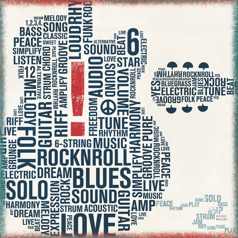 Type Guitar Square II Red by Michael Mullan. SKU 51037a. Archival Giclee Fine art print for wall decor.