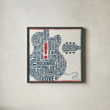 Type Guitar Square II Red by Michael Mullan. Shown in a sleek black glass frame for a contemporary gallery look. Available as an archival giclee rolled canvas, fine art paper, or poster print. SKU 51037a.