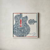 Type Guitar Square II Red by Michael Mullan. Shown in a crisp white glass frame for a clean and minimalist style. Available as an archival giclee rolled canvas, fine art paper, or poster print. SKU 51037a.