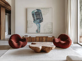 Type Mic Colorful Square by Michael Mullan. Shown as extra-large giant wall art in a modern living room. Available as an archival giclee rolled canvas, fine art paper, or poster print. SKU 51041a.