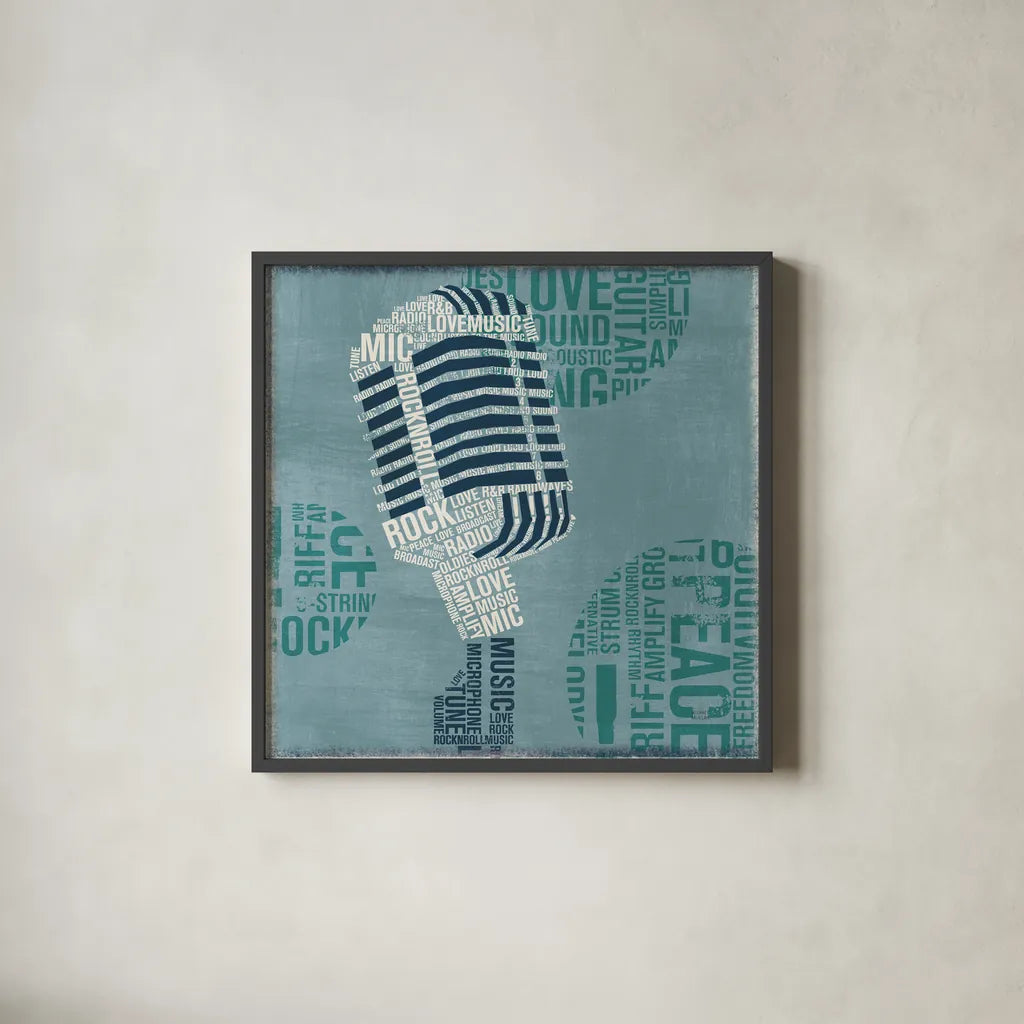 Type Mic Light Square by Michael Mullan. Shown in a sleek black glass frame for a contemporary gallery look. Available as an archival giclee rolled canvas, fine art paper, or poster print. SKU 51043a.