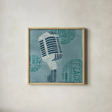 Type Mic Light Square by Michael Mullan. Shown in a natural wood glass frame for a timeless modern aesthetic. Available as an archival giclee rolled canvas, fine art paper, or poster print. SKU 51043a.