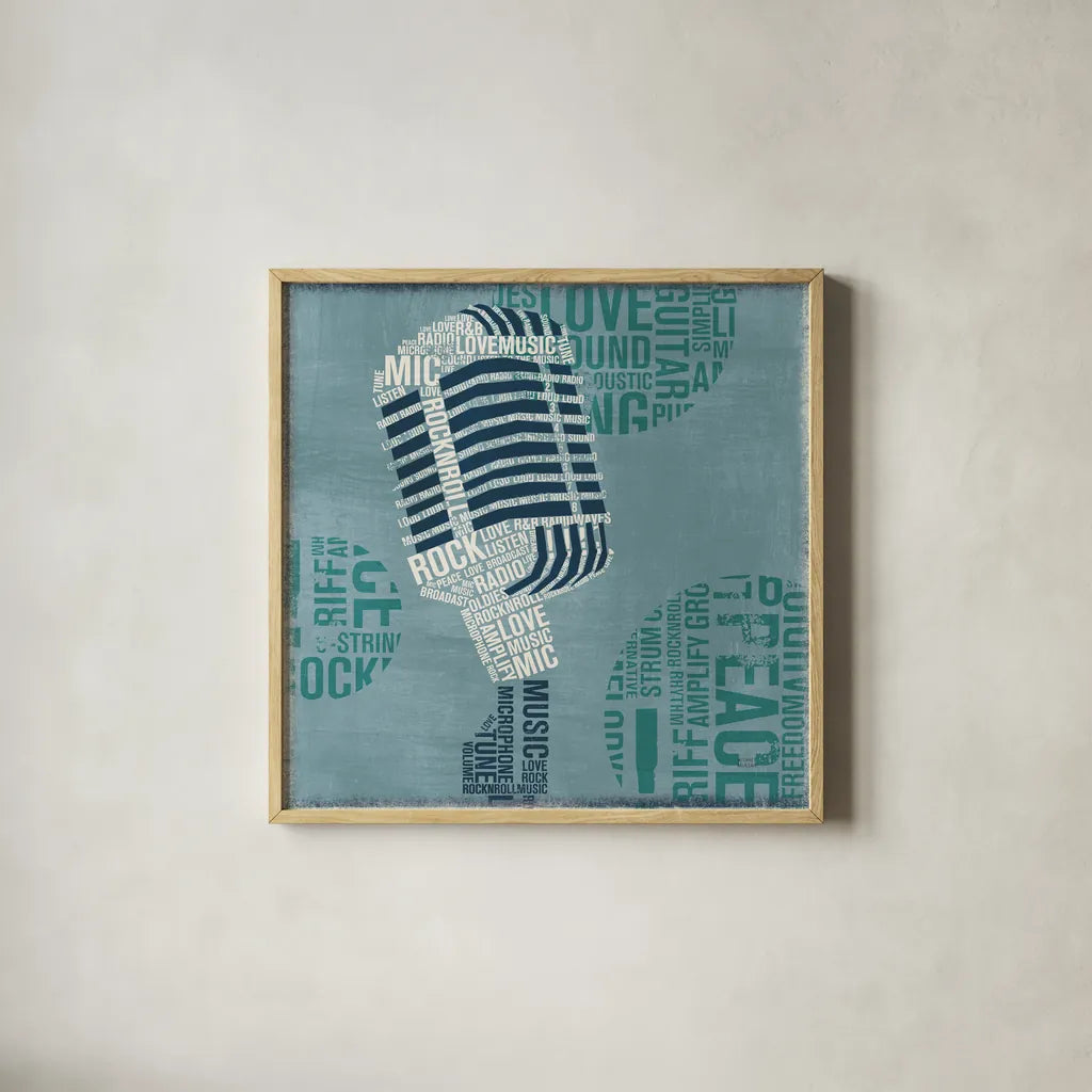 Type Mic Light Square by Michael Mullan. Shown in a natural wood glass frame for a timeless modern aesthetic. Available as an archival giclee rolled canvas, fine art paper, or poster print. SKU 51043a.