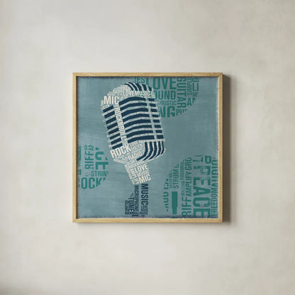 Type Mic Light Square by Michael Mullan. Shown in a natural wood glass frame for a timeless modern aesthetic. Available as an archival giclee rolled canvas, fine art paper, or poster print. SKU 51043a.