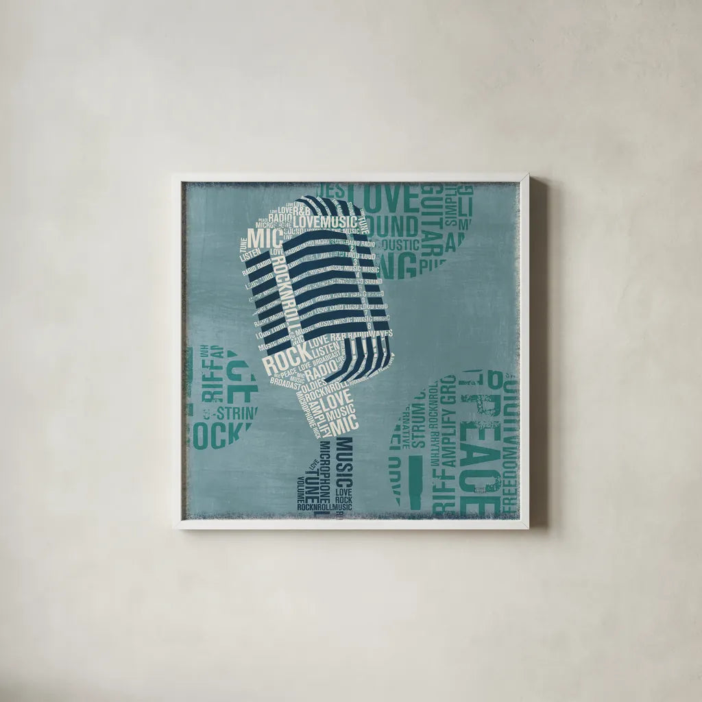 Type Mic Light Square by Michael Mullan. Shown in a crisp white glass frame for a clean and minimalist style. Available as an archival giclee rolled canvas, fine art paper, or poster print. SKU 51043a.