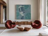 Type Mic Light Square by Michael Mullan. Shown as extra-large giant wall art in a modern living room. Available as an archival giclee rolled canvas, fine art paper, or poster print. SKU 51043a.