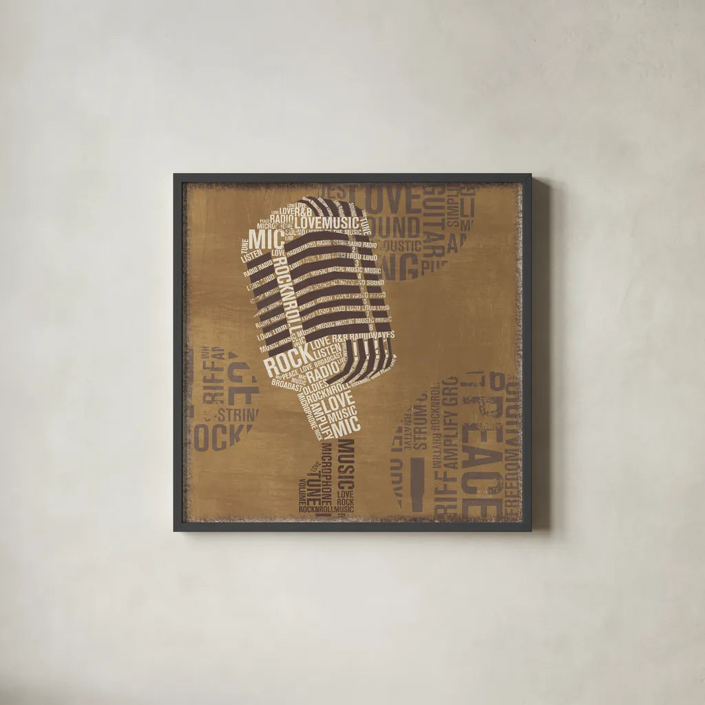 Type Mic Neutral Square by Michael Mullan. Shown in a sleek black glass frame for a contemporary gallery look. Available as an archival giclee rolled canvas, fine art paper, or poster print. SKU 51036a.