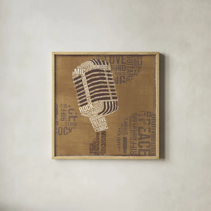 Type Mic Neutral Square by Michael Mullan. Shown in a natural wood glass frame for a timeless modern aesthetic. Available as an archival giclee rolled canvas, fine art paper, or poster print. SKU 51036a.