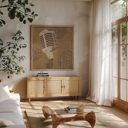 Type Mic Neutral Square by Michael Mullan. Shown in a natural wood frame in a cozy modern living room. Available as an archival giclee rolled canvas, fine art paper, or poster print. SKU 51036a.