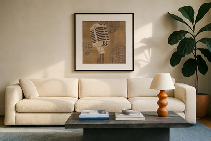 Type Mic Neutral Square by Michael Mullan. Displayed in a glass frame with matte in a clean modern living room. Available as an archival giclee rolled canvas, fine art paper, or poster print. SKU 51036a.