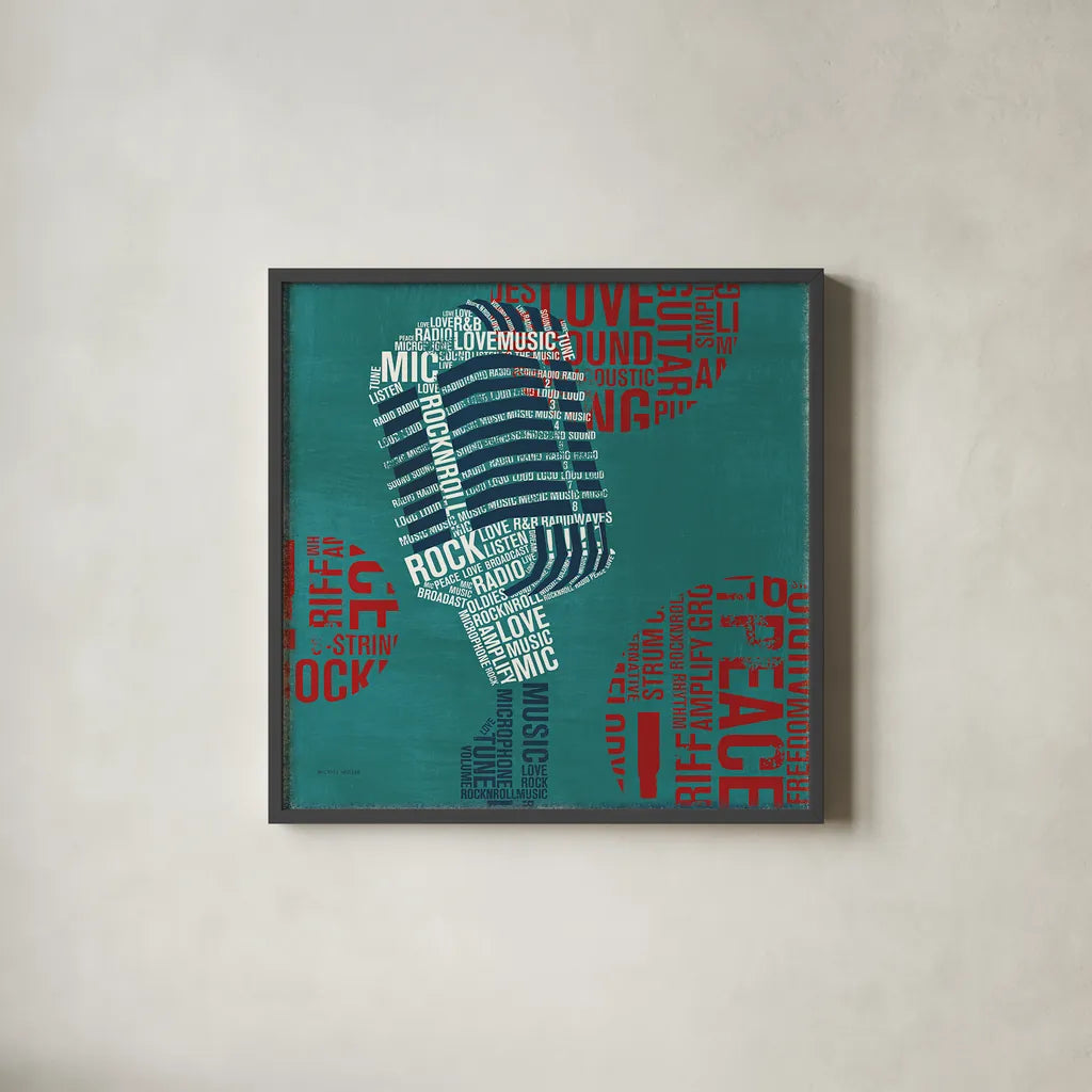 Type Mic Square by Michael Mullan. Shown in a sleek black glass frame for a contemporary gallery look. Available as an archival giclee rolled canvas, fine art paper, or poster print. SKU 12413a.