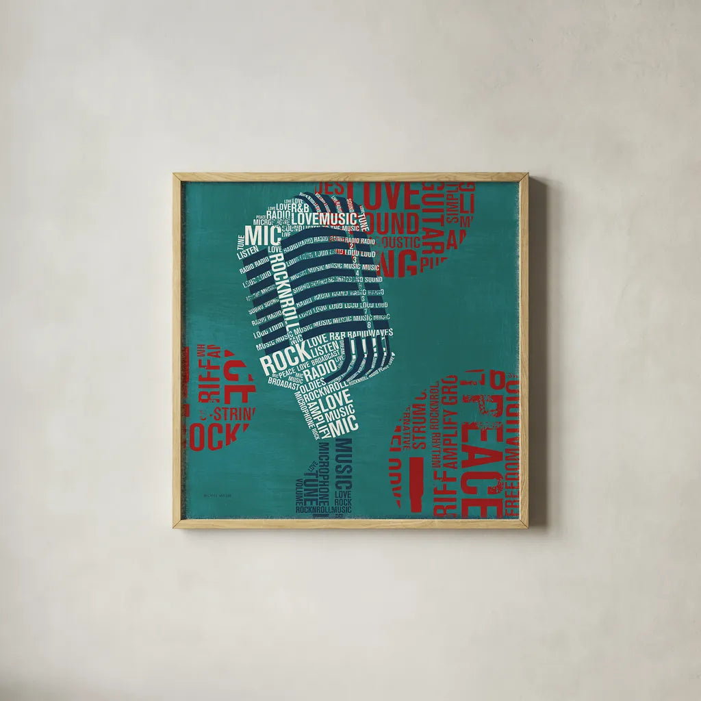 Type Mic Square by Michael Mullan. Shown in a natural wood glass frame for a timeless modern aesthetic. Available as an archival giclee rolled canvas, fine art paper, or poster print. SKU 12413a.