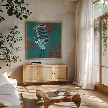 Type Mic Square by Michael Mullan. Shown in a natural wood frame in a cozy modern living room. Available as an archival giclee rolled canvas, fine art paper, or poster print. SKU 12413a.