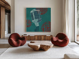 Type Mic Square by Michael Mullan. Shown as extra-large giant wall art in a modern living room. Available as an archival giclee rolled canvas, fine art paper, or poster print. SKU 12413a.