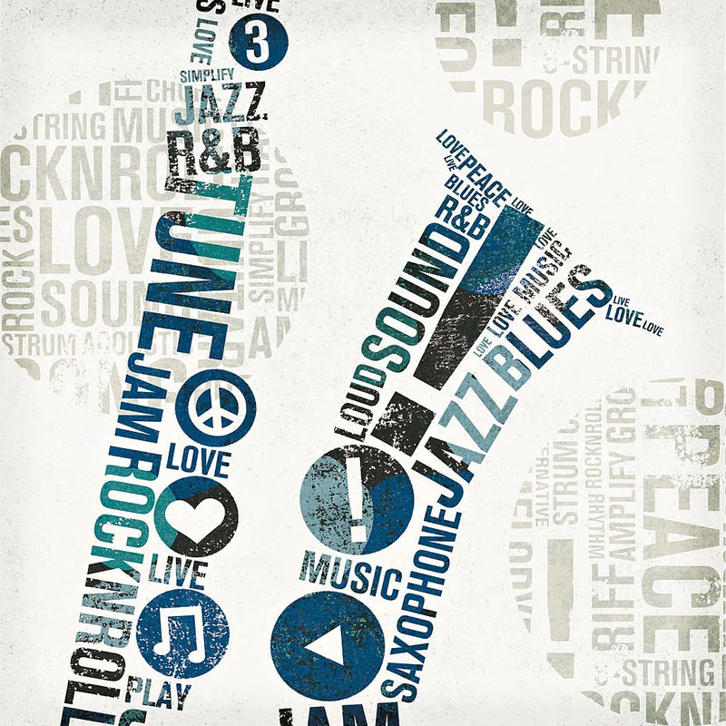 Type Sax Colorful Square by Michael Mullan. SKU 51042a. Archival Giclee Fine art print for wall decor.