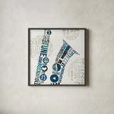 Type Sax Colorful Square by Michael Mullan. Shown in a sleek black glass frame for a contemporary gallery look. Available as an archival giclee rolled canvas, fine art paper, or poster print. SKU 51042a.