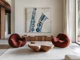 Type Sax Colorful Square by Michael Mullan. Shown as extra-large giant wall art in a modern living room. Available as an archival giclee rolled canvas, fine art paper, or poster print. SKU 51042a.