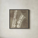 Type Sax Neutral Square by Michael Mullan. Shown in a sleek black glass frame for a contemporary gallery look. Available as an archival giclee rolled canvas, fine art paper, or poster print. SKU 51038a.