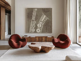 Type Sax Neutral Square by Michael Mullan. Shown as extra-large giant wall art in a modern living room. Available as an archival giclee rolled canvas, fine art paper, or poster print. SKU 51038a.