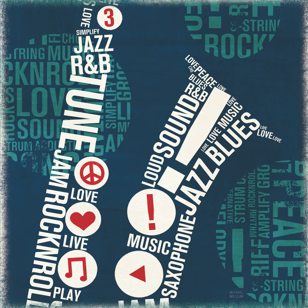 Type Sax Square by Michael Mullan. SKU 12414a. Archival Giclee Fine art print for wall decor.