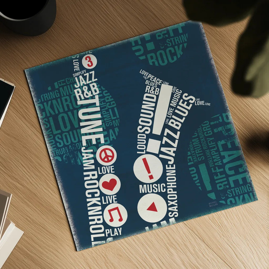 Type Sax Square by Michael Mullan. Shown as a detailed flat fine art print, highlighting archival giclee quality. Available as an archival giclee rolled canvas, fine art paper, or poster print. SKU 12414a.