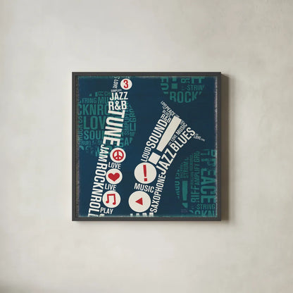 Type Sax Square by Michael Mullan. Shown in a sleek black glass frame for a contemporary gallery look. Available as an archival giclee rolled canvas, fine art paper, or poster print. SKU 12414a.