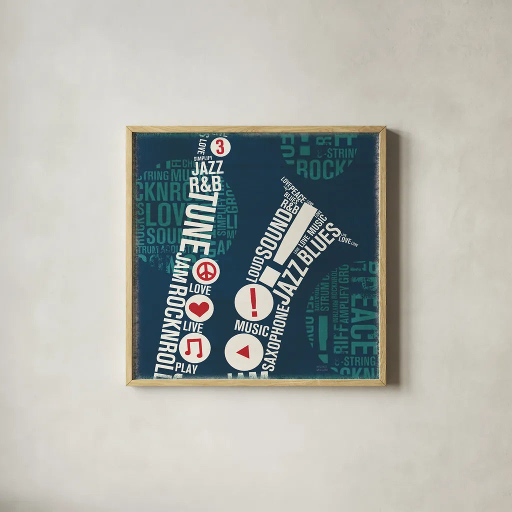 Type Sax Square by Michael Mullan. Shown in a natural wood glass frame for a timeless modern aesthetic. Available as an archival giclee rolled canvas, fine art paper, or poster print. SKU 12414a.