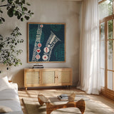 Type Sax Square by Michael Mullan. Shown in a natural wood frame in a cozy modern living room. Available as an archival giclee rolled canvas, fine art paper, or poster print. SKU 12414a.