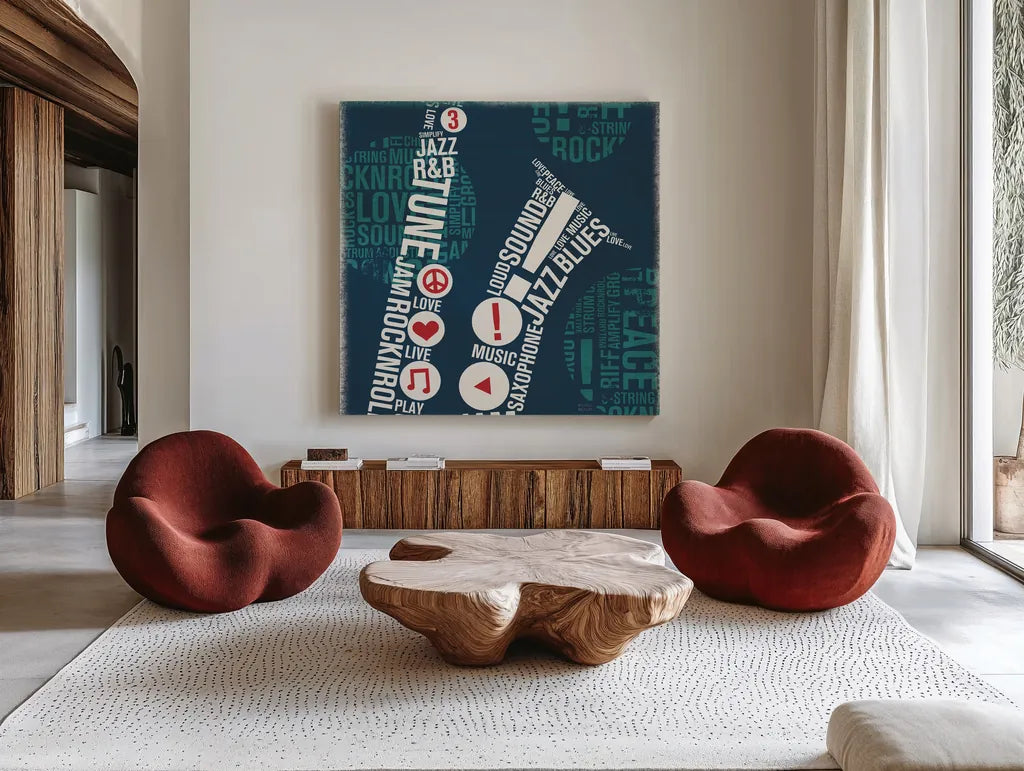 Type Sax Square by Michael Mullan. Shown as extra-large giant wall art in a modern living room. Available as an archival giclee rolled canvas, fine art paper, or poster print. SKU 12414a.