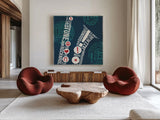 Type Sax Square by Michael Mullan. Shown as extra-large giant wall art in a modern living room. Available as an archival giclee rolled canvas, fine art paper, or poster print. SKU 12414a.
