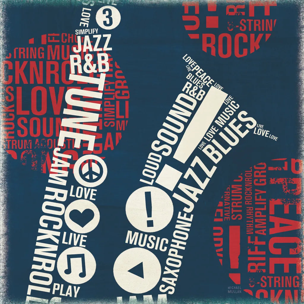 Type Sax Square Red by Michael Mullan. SKU 51058a. Archival Giclee Fine art print for wall decor.