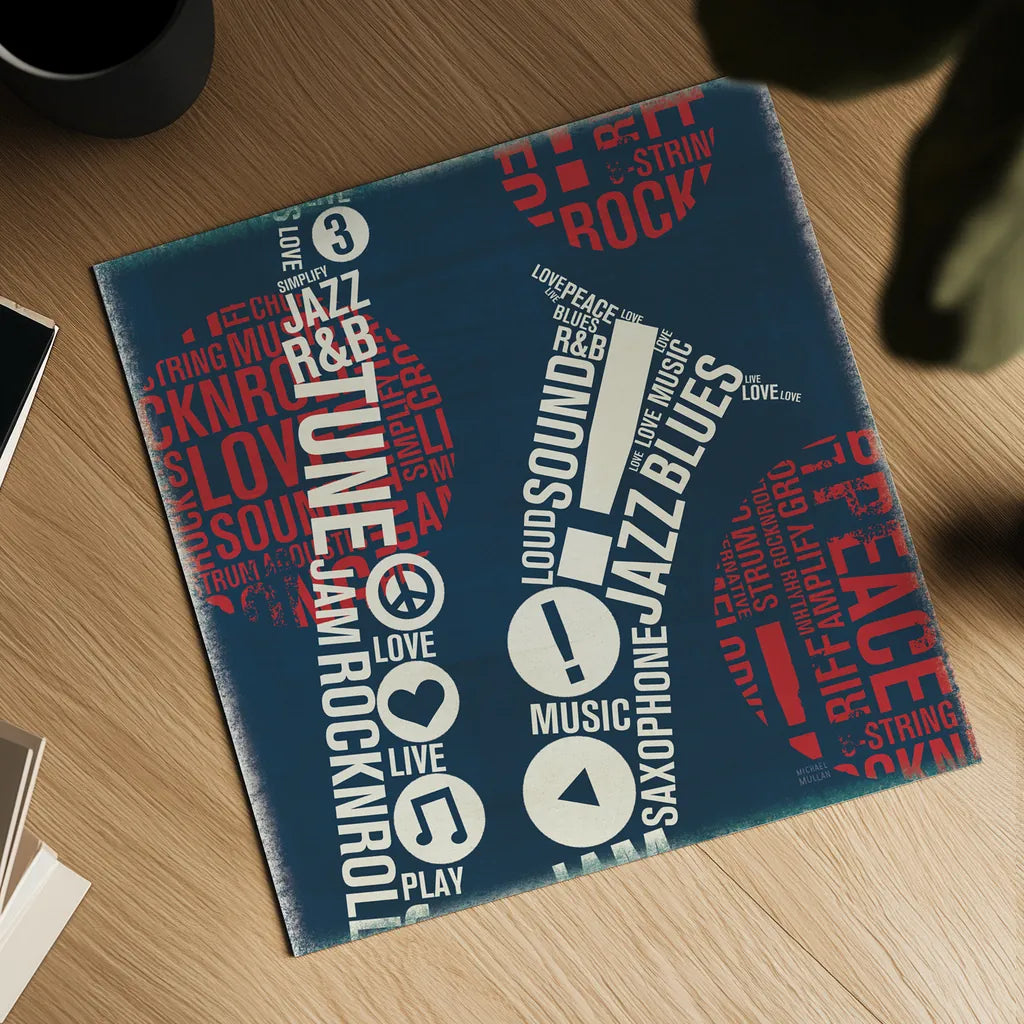 Type Sax Square Red by Michael Mullan. Shown as a detailed flat fine art print, highlighting archival giclee quality. Available as an archival giclee rolled canvas, fine art paper, or poster print. SKU 51058a.