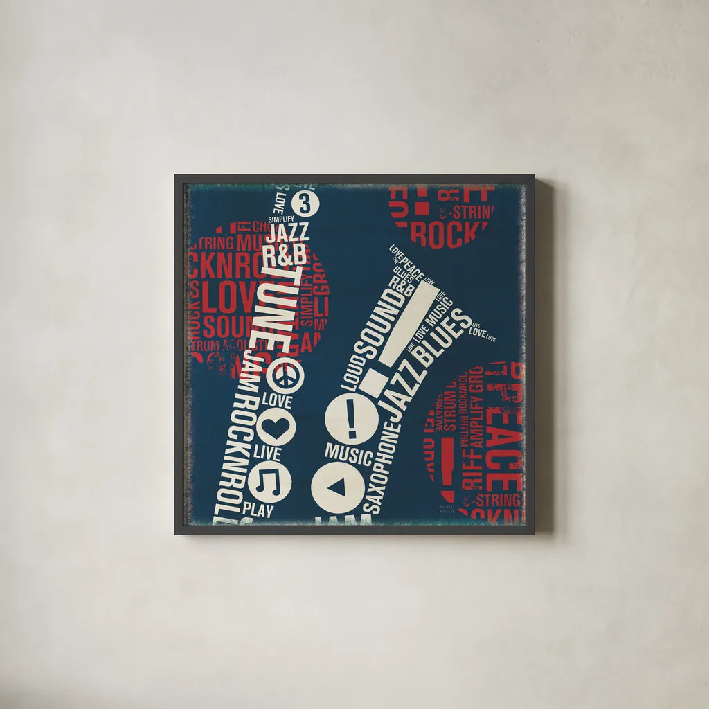 Type Sax Square Red by Michael Mullan. Shown in a sleek black glass frame for a contemporary gallery look. Available as an archival giclee rolled canvas, fine art paper, or poster print. SKU 51058a.