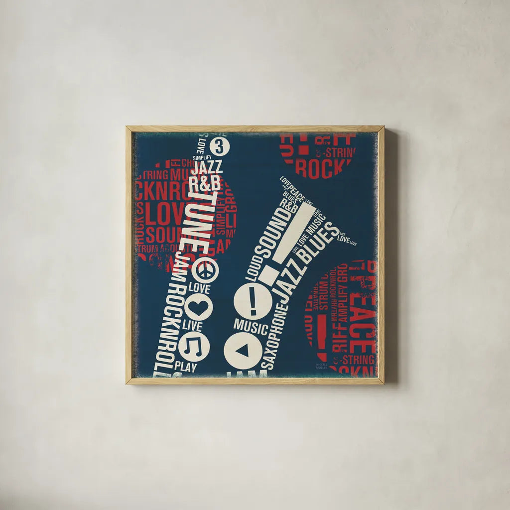 Type Sax Square Red by Michael Mullan. Shown in a natural wood glass frame for a timeless modern aesthetic. Available as an archival giclee rolled canvas, fine art paper, or poster print. SKU 51058a.