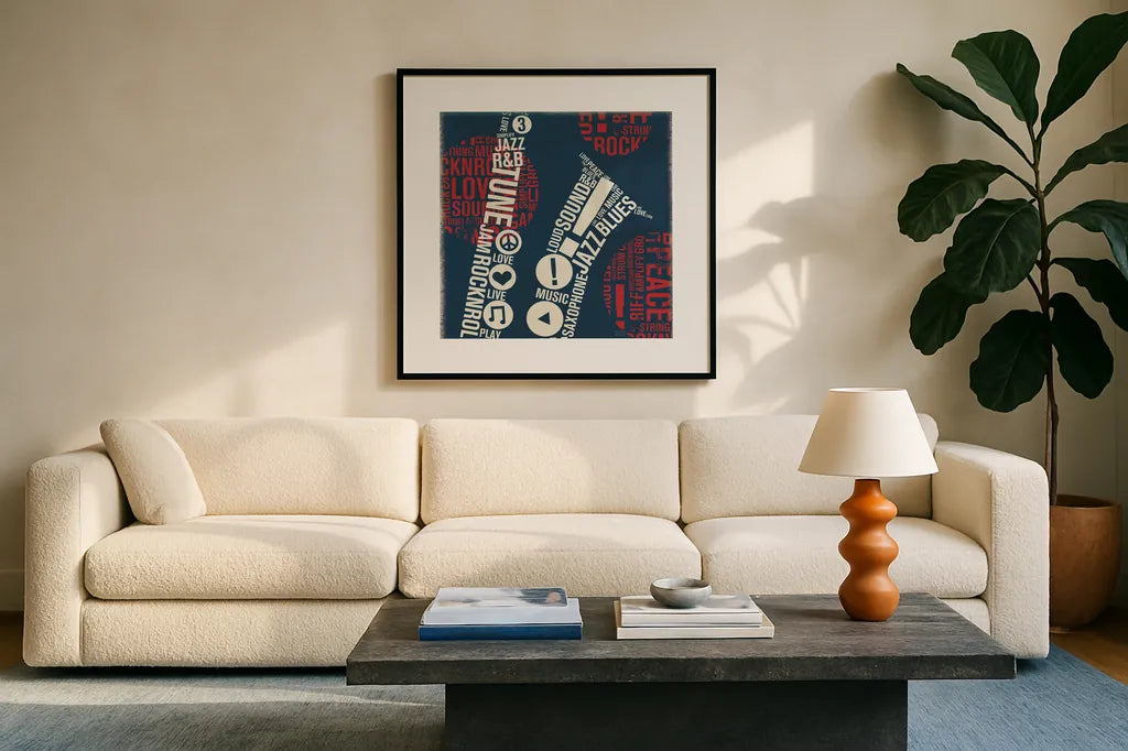 Type Sax Square Red by Michael Mullan. Displayed in a glass frame with matte in a clean modern living room. Available as an archival giclee rolled canvas, fine art paper, or poster print. SKU 51058a.