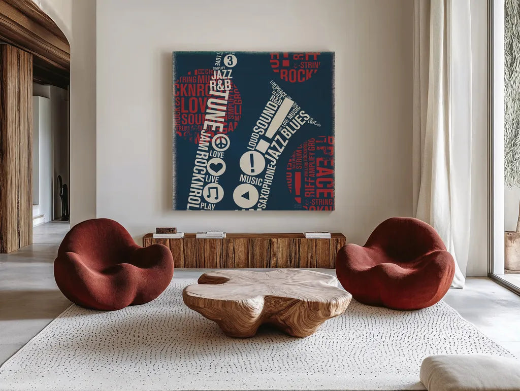 Type Sax Square Red by Michael Mullan. Shown as extra-large giant wall art in a modern living room. Available as an archival giclee rolled canvas, fine art paper, or poster print. SKU 51058a.