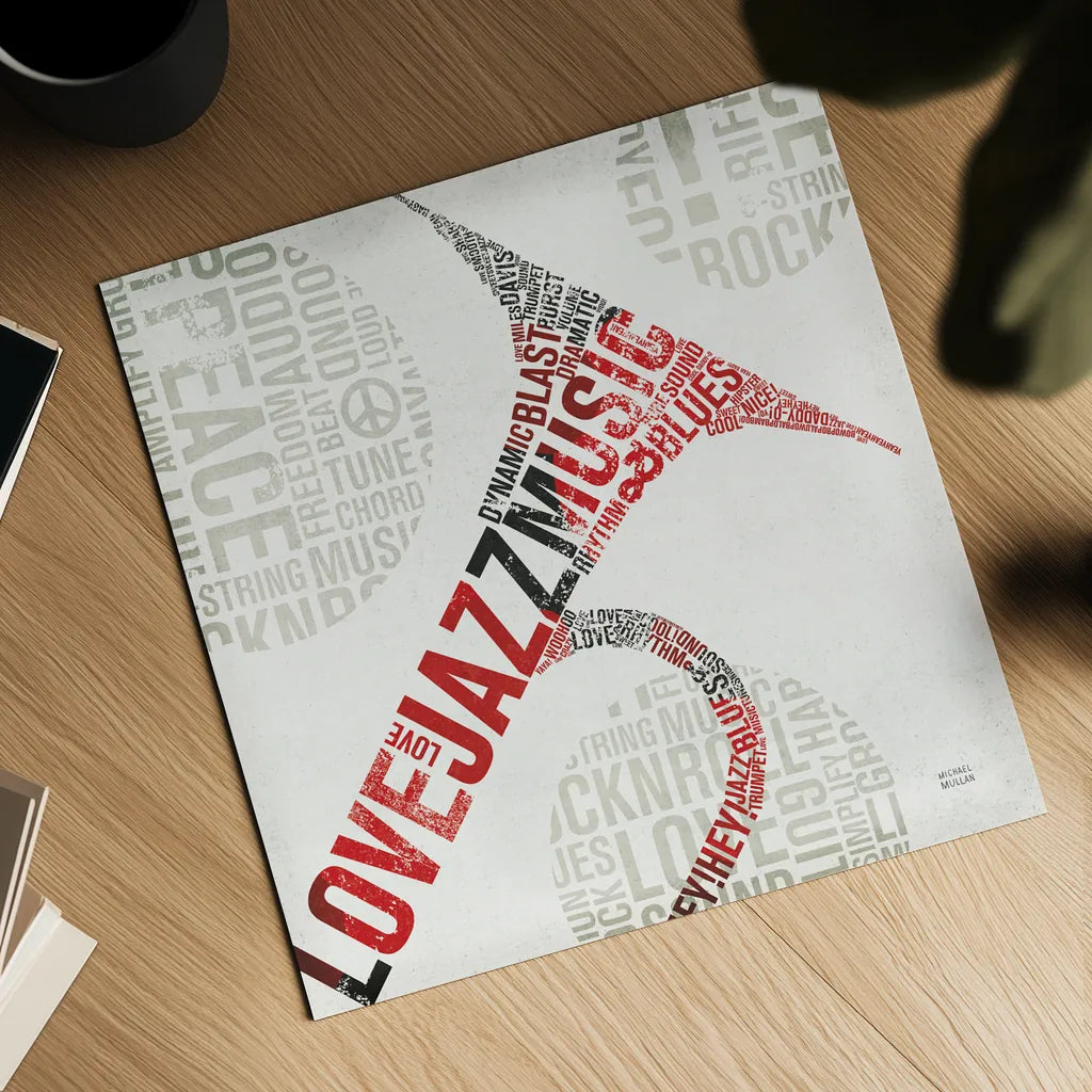 Type Trumpet Colorful Square by Michael Mullan. Shown as a detailed flat fine art print, highlighting archival giclee quality. Available as an archival giclee rolled canvas, fine art paper, or poster print. SKU 48419a.