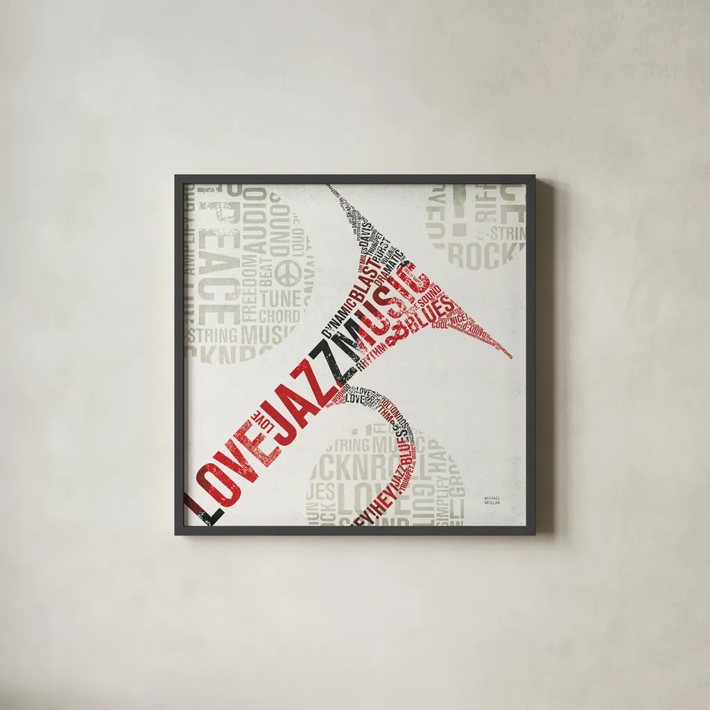 Type Trumpet Colorful Square by Michael Mullan. Shown in a sleek black glass frame for a contemporary gallery look. Available as an archival giclee rolled canvas, fine art paper, or poster print. SKU 48419a.